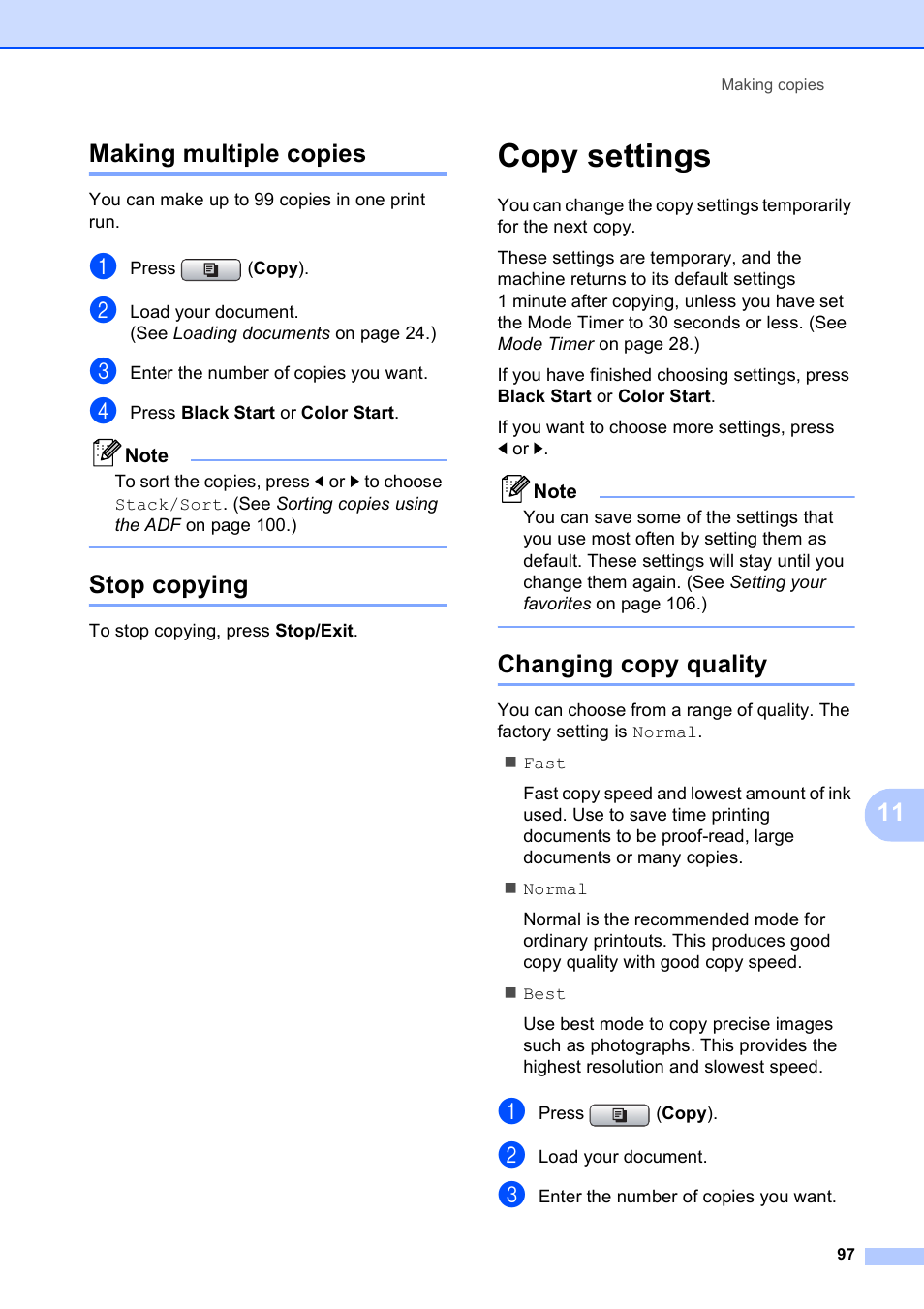 Making multiple copies, Stop copying, Copy settings | Changing copy quality, Making multiple copies stop copying, 11 making multiple copies | Brother MFC 6890CDW User Manual | Page 113 / 248