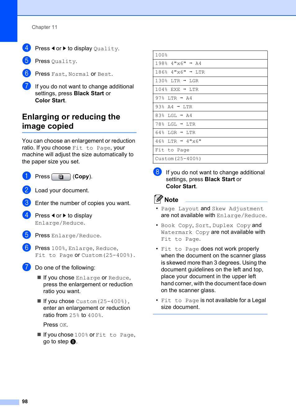 Enlarging or reducing the image copied | Brother MFC 6890CDW User Manual | Page 114 / 248