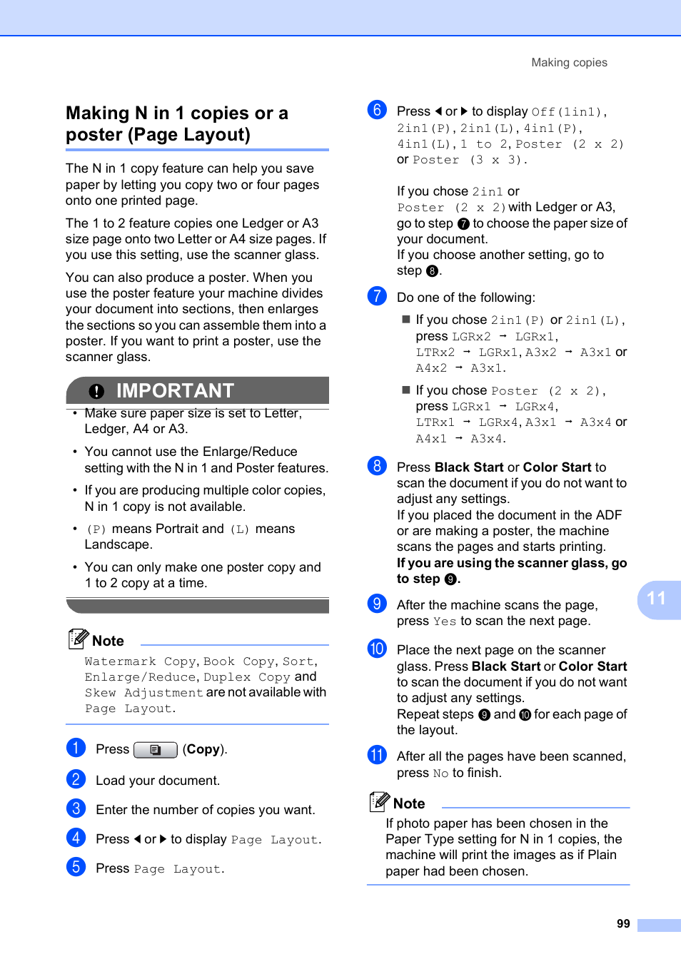 Important, 11 making n in 1 copies or a poster (page layout) | Brother MFC 6890CDW User Manual | Page 115 / 248