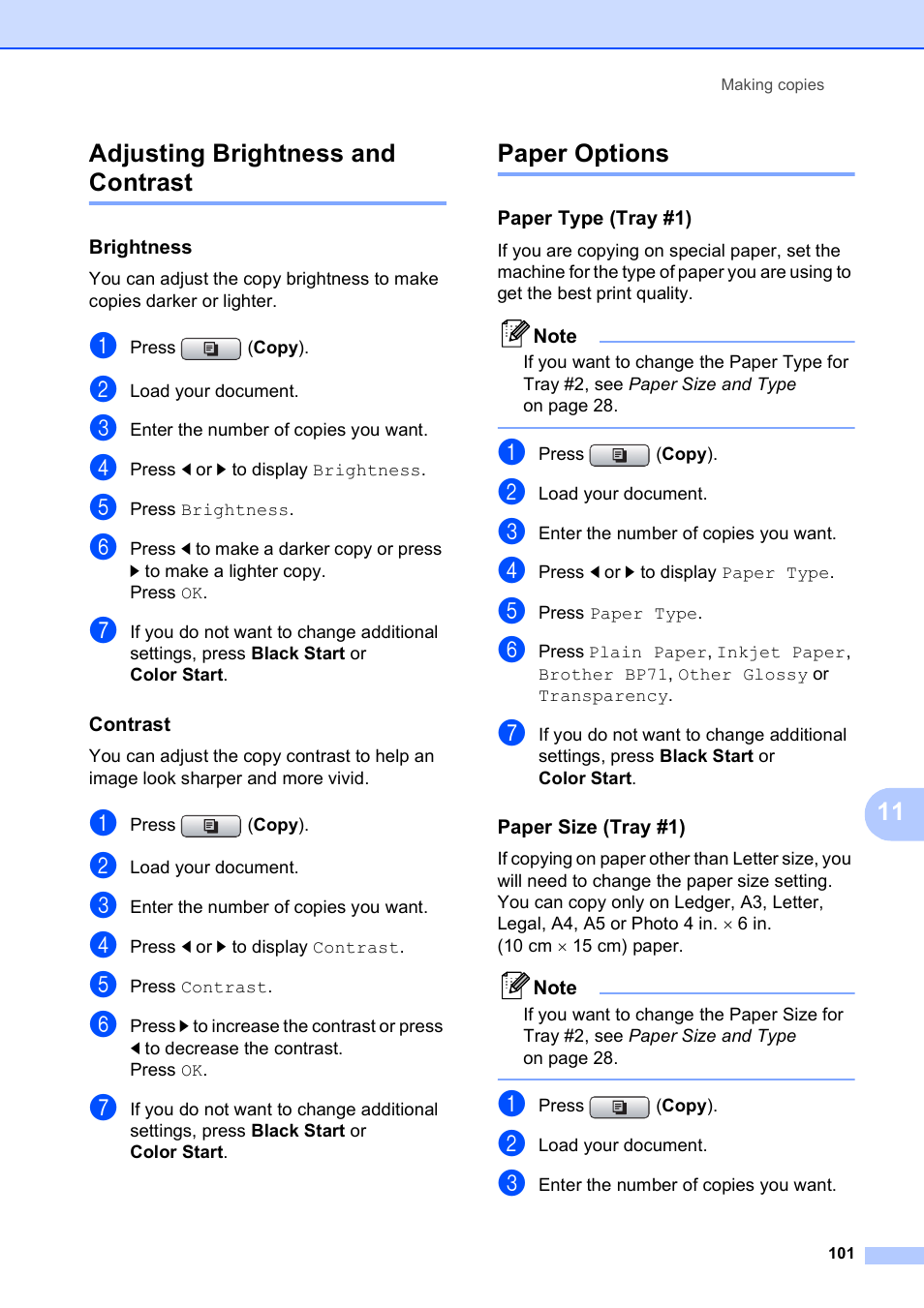 Adjusting brightness and contrast, Brightness, Contrast | Paper options, Paper type (tray #1), Paper size (tray #1), Adjusting brightness and contrast paper options, 11 adjusting brightness and contrast | Brother MFC 6890CDW User Manual | Page 117 / 248