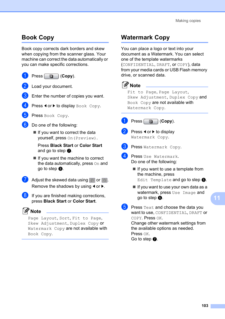 Book copy, Watermark copy, Book copy watermark copy | 11 book copy | Brother MFC 6890CDW User Manual | Page 119 / 248