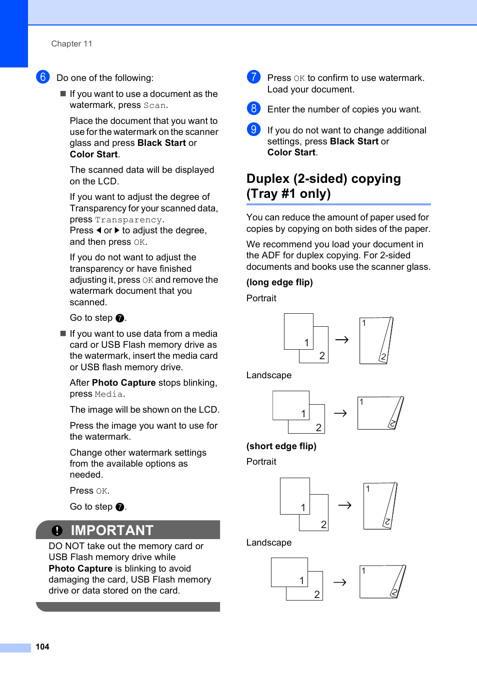 Duplex (2-sided) copying (tray #1 only), Important | Brother MFC 6890CDW User Manual | Page 120 / 248