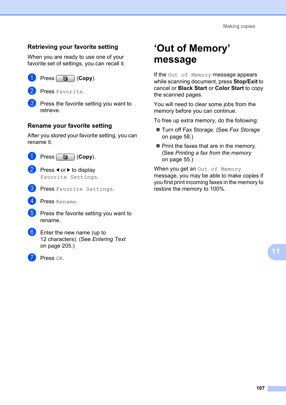 Retrieving your favorite setting, Rename your favorite setting, Out of memory’ message | Brother MFC 6890CDW User Manual | Page 123 / 248