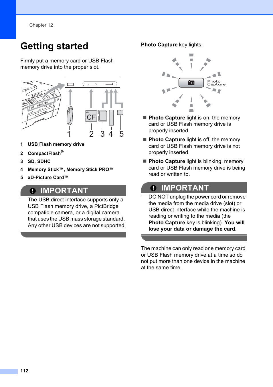 Getting started, Important | Brother MFC 6890CDW User Manual | Page 128 / 248