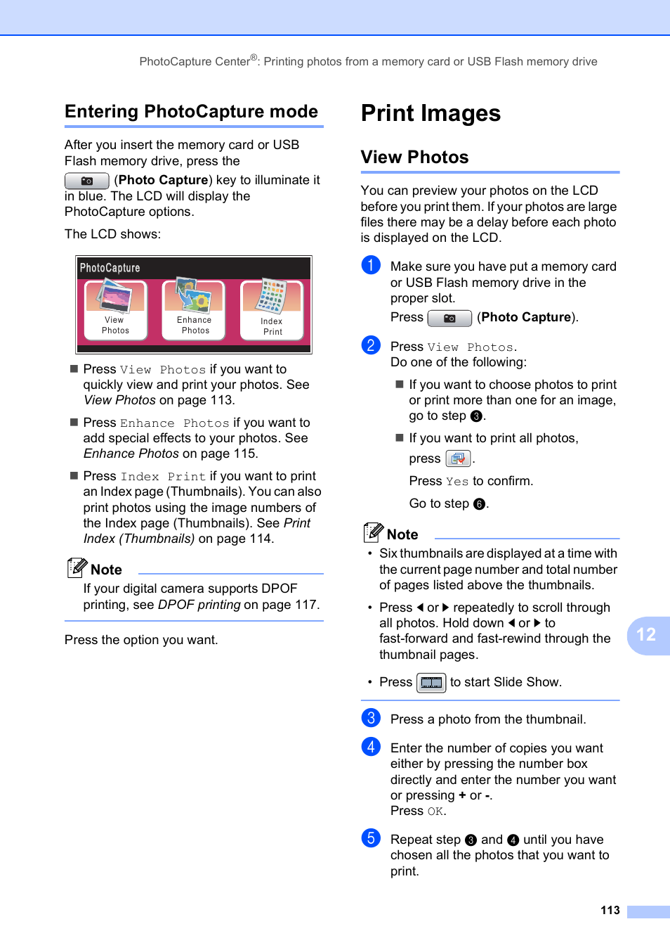 Entering photocapture mode, Print images, View photos | 12 entering photocapture mode | Brother MFC 6890CDW User Manual | Page 129 / 248