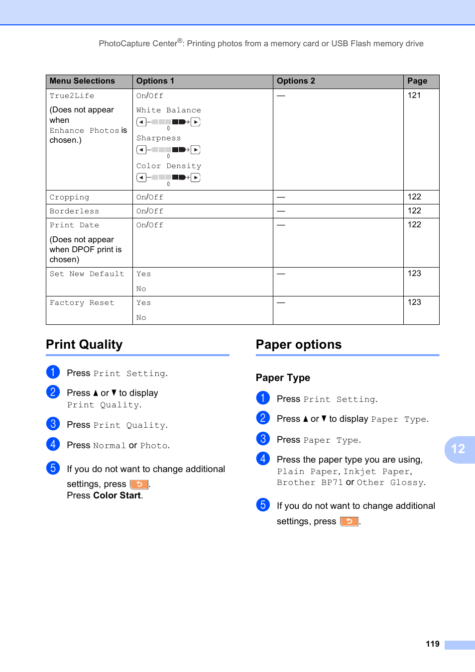 Print quality, Paper options, Paper type | Print quality paper options, 12 print quality | Brother MFC 6890CDW User Manual | Page 135 / 248