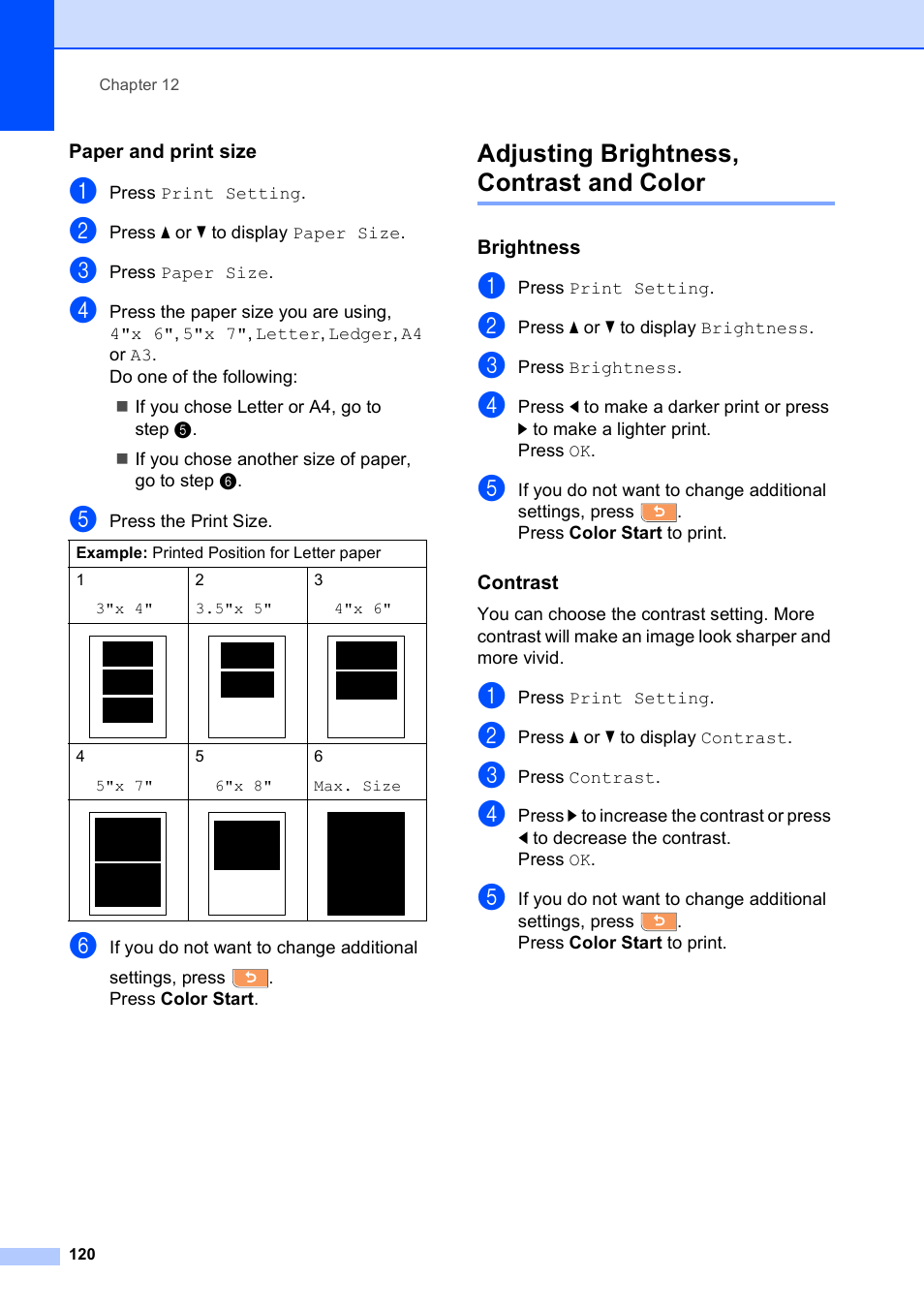 Paper and print size, Adjusting brightness, contrast and color, Brightness | Contrast | Brother MFC 6890CDW User Manual | Page 136 / 248