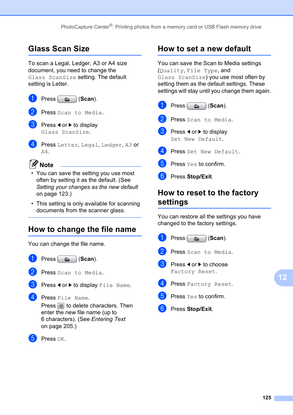 Glass scan size, How to change the file name, How to set a new default | How to reset to the factory settings, 12 glass scan size | Brother MFC 6890CDW User Manual | Page 141 / 248