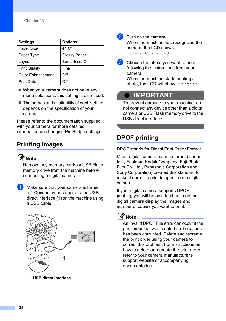 Printing images, Dpof printing, Printing images dpof printing | Important | Brother MFC 6890CDW User Manual | Page 144 / 248