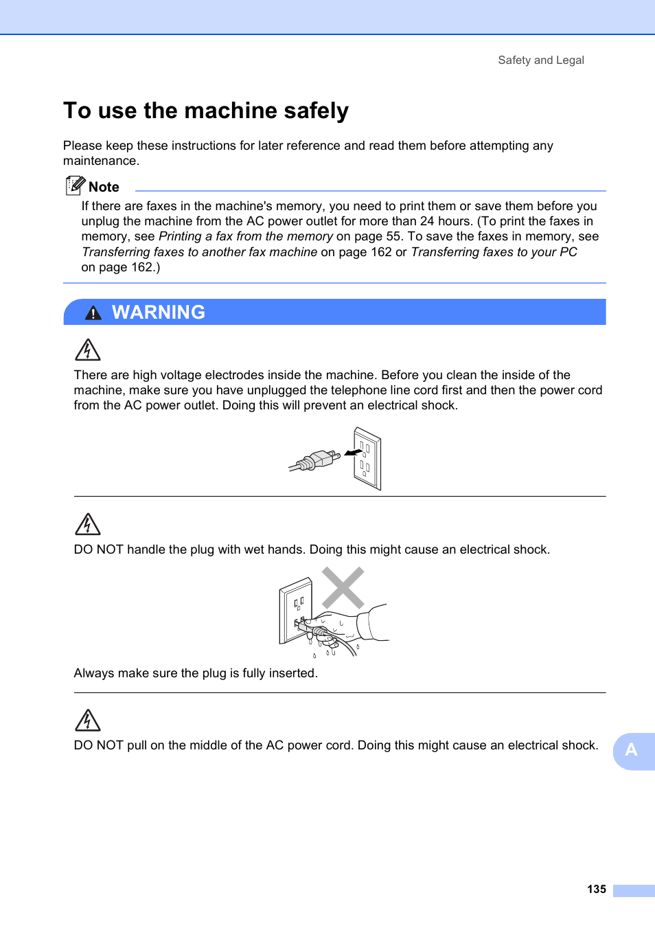To use the machine safely, Warning, Always make sure the plug is fully inserted | Safety and legal 135 | Brother MFC 6890CDW User Manual | Page 151 / 248