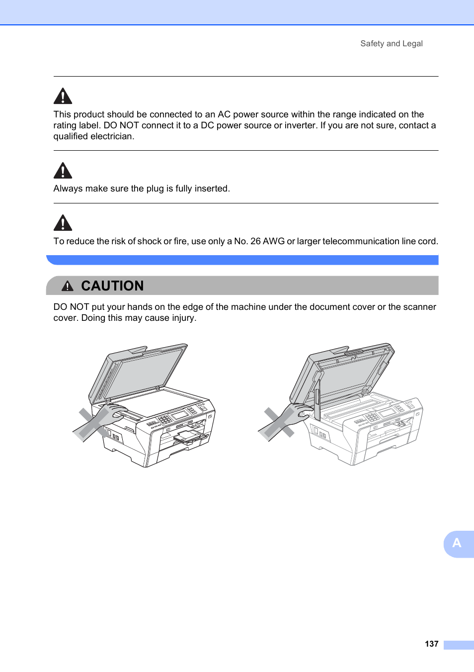 Caution, Always make sure the plug is fully inserted, Safety and legal 137 | Brother MFC 6890CDW User Manual | Page 153 / 248