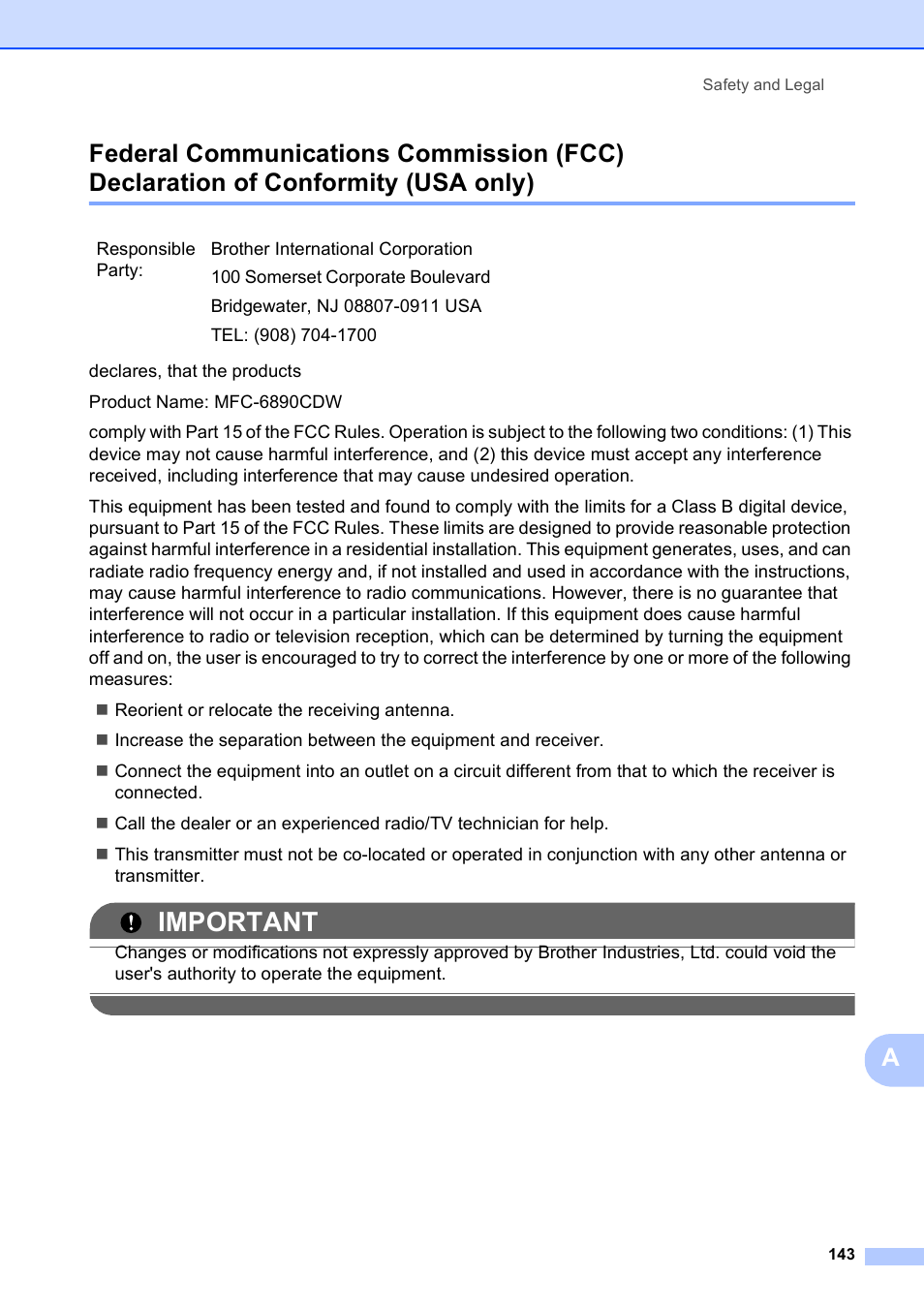 Usa only), Important | Brother MFC 6890CDW User Manual | Page 159 / 248