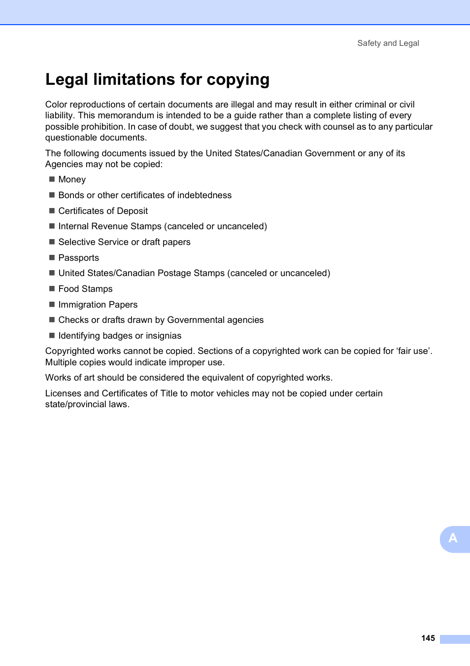 Legal limitations for copying | Brother MFC 6890CDW User Manual | Page 161 / 248