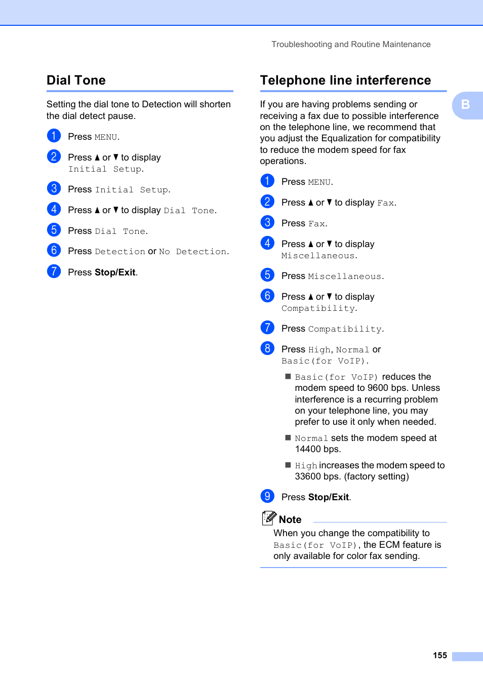 Dial tone, Telephone line interference, Dial tone telephone line interference | Bdial tone | Brother MFC 6890CDW User Manual | Page 171 / 248