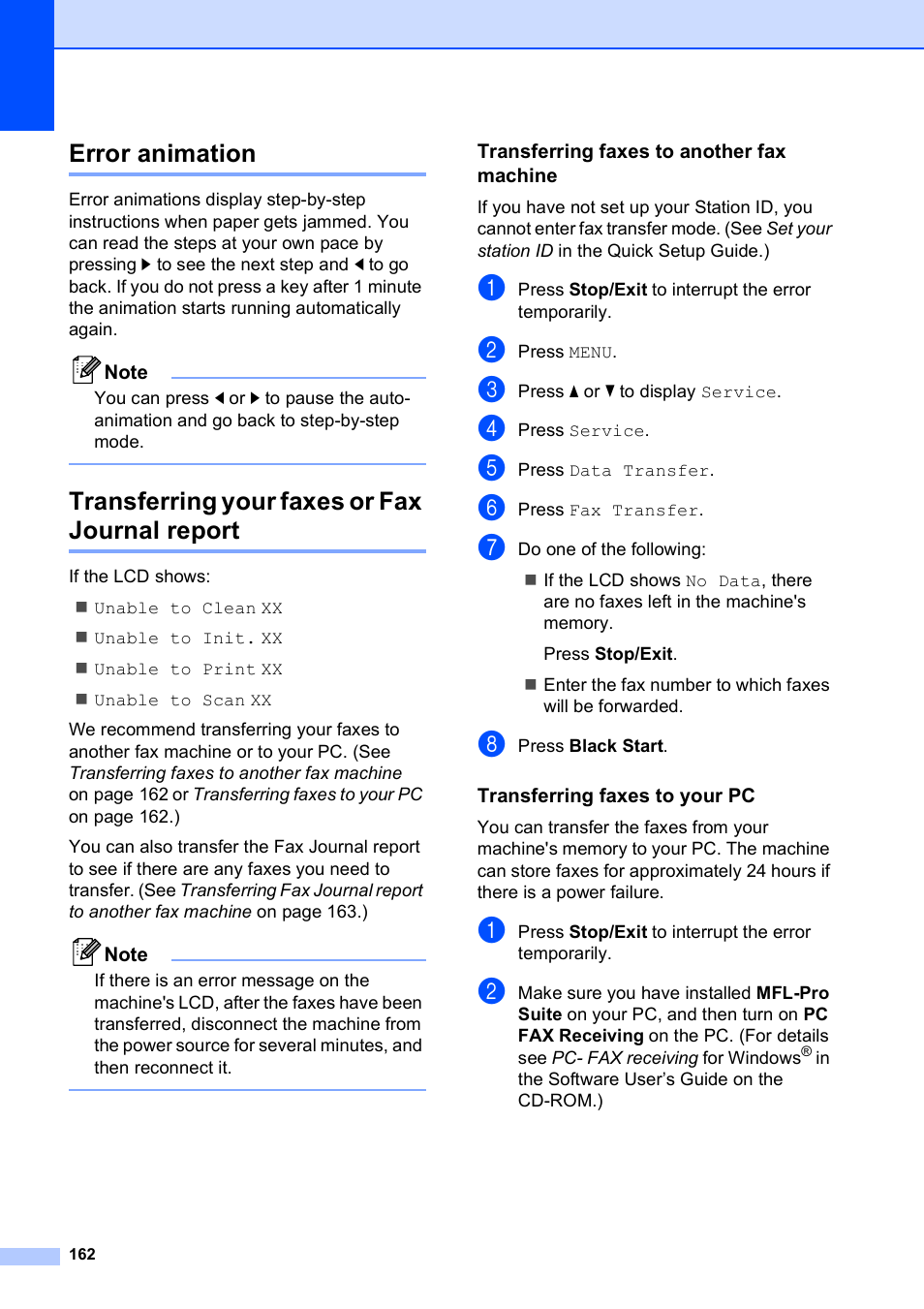 Error animation, Transferring your faxes or fax journal report, Transferring faxes to another fax machine | Transferring faxes to your pc | Brother MFC 6890CDW User Manual | Page 178 / 248