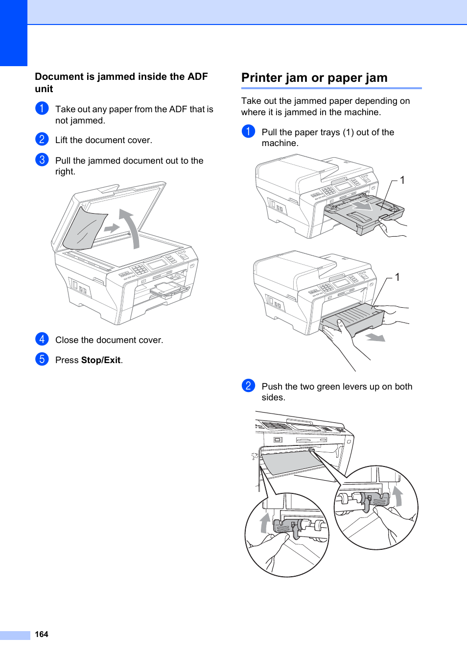 Document is jammed inside the adf unit, Printer jam or paper jam | Brother MFC 6890CDW User Manual | Page 180 / 248