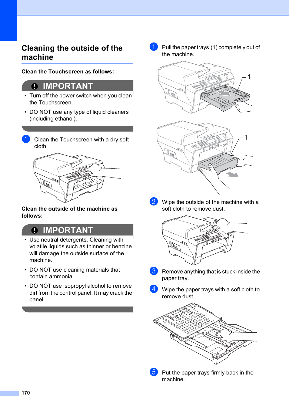 Cleaning the outside of the machine, Important | Brother MFC 6890CDW User Manual | Page 186 / 248