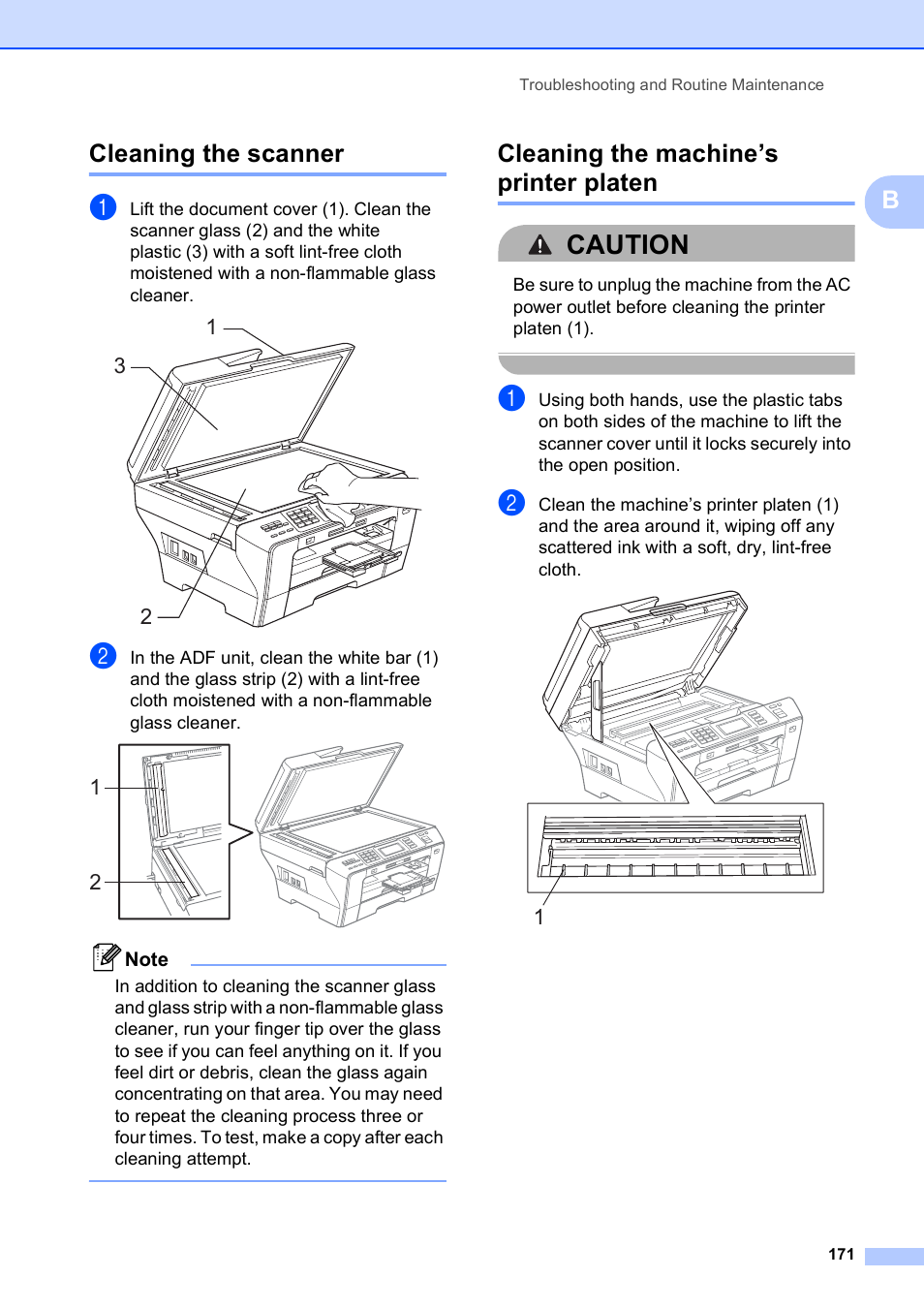 Cleaning the scanner, Cleaning the machine’s printer platen, Caution | Bcleaning the scanner | Brother MFC 6890CDW User Manual | Page 187 / 248