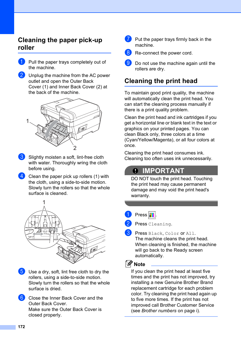 Cleaning the paper pick-up roller, Cleaning the print head, Important | Brother MFC 6890CDW User Manual | Page 188 / 248