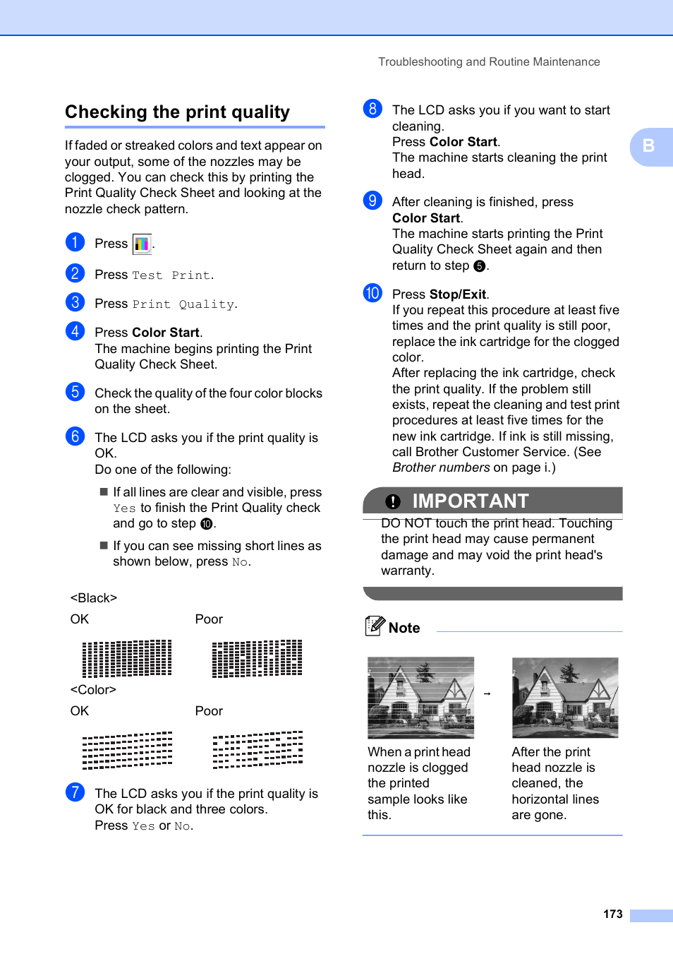 Checking the print quality, Important, Bchecking the print quality | Brother MFC 6890CDW User Manual | Page 189 / 248