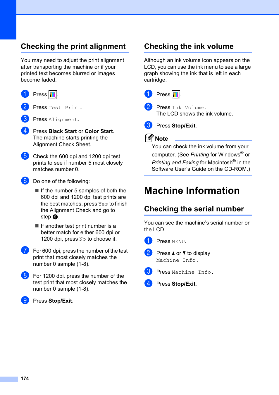 Checking the print alignment, Checking the ink volume, Machine information | Checking the serial number | Brother MFC 6890CDW User Manual | Page 190 / 248