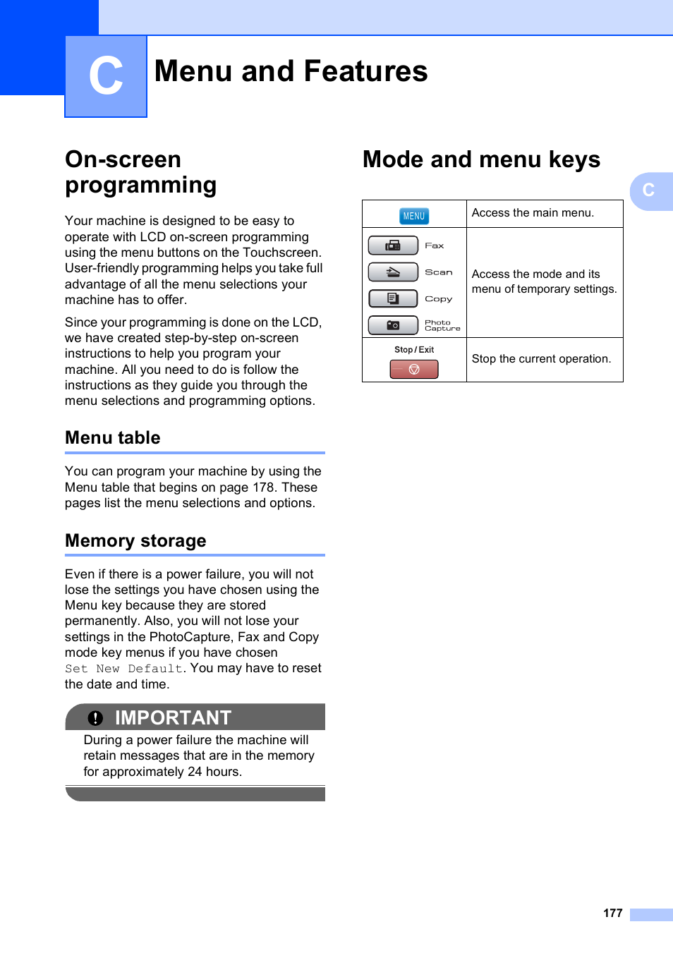 C menu and features, On-screen programming, Menu table | Memory storage, Mode and menu keys, Menu and features, Menu table memory storage, Important | Brother MFC 6890CDW User Manual | Page 193 / 248