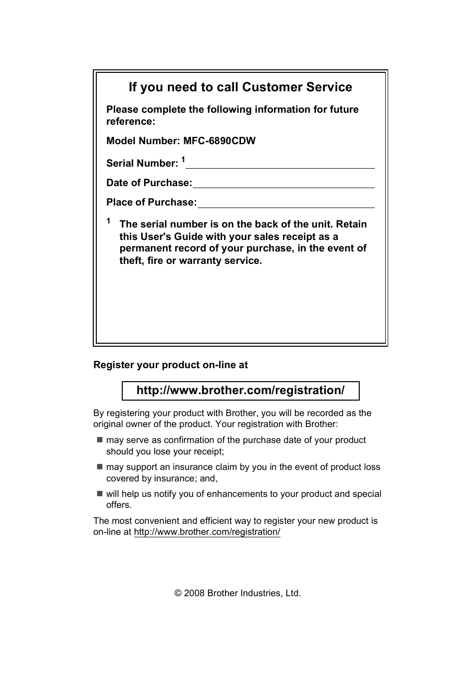 If you need to call customer service | Brother MFC 6890CDW User Manual | Page 2 / 248