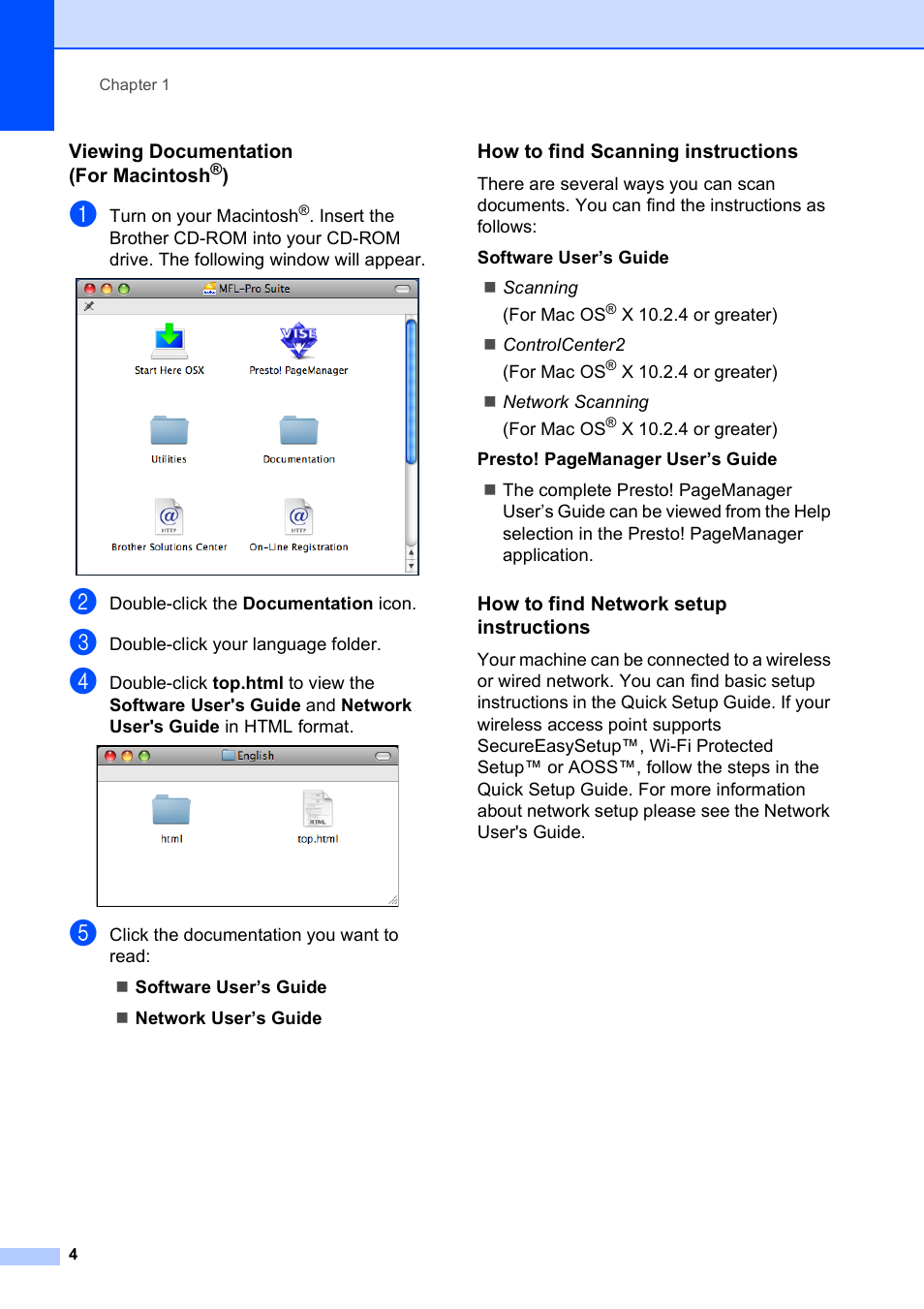 Viewing documentation (for macintosh®), How to find scanning instructions, How to find network setup instructions | Brother MFC 6890CDW User Manual | Page 20 / 248