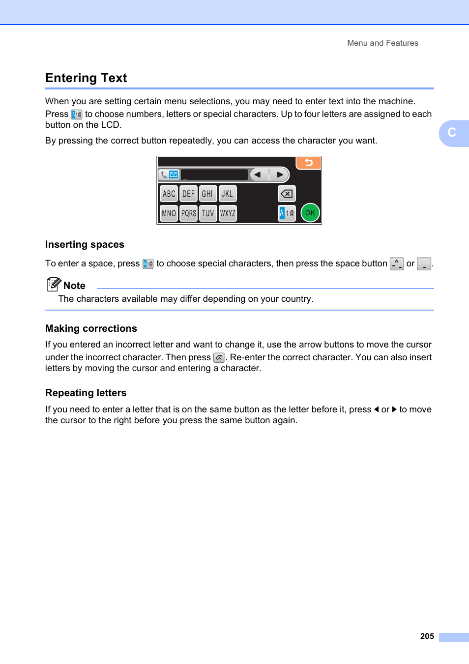 Entering text, Inserting spaces, Making corrections | Repeating letters, Centering text | Brother MFC 6890CDW User Manual | Page 221 / 248