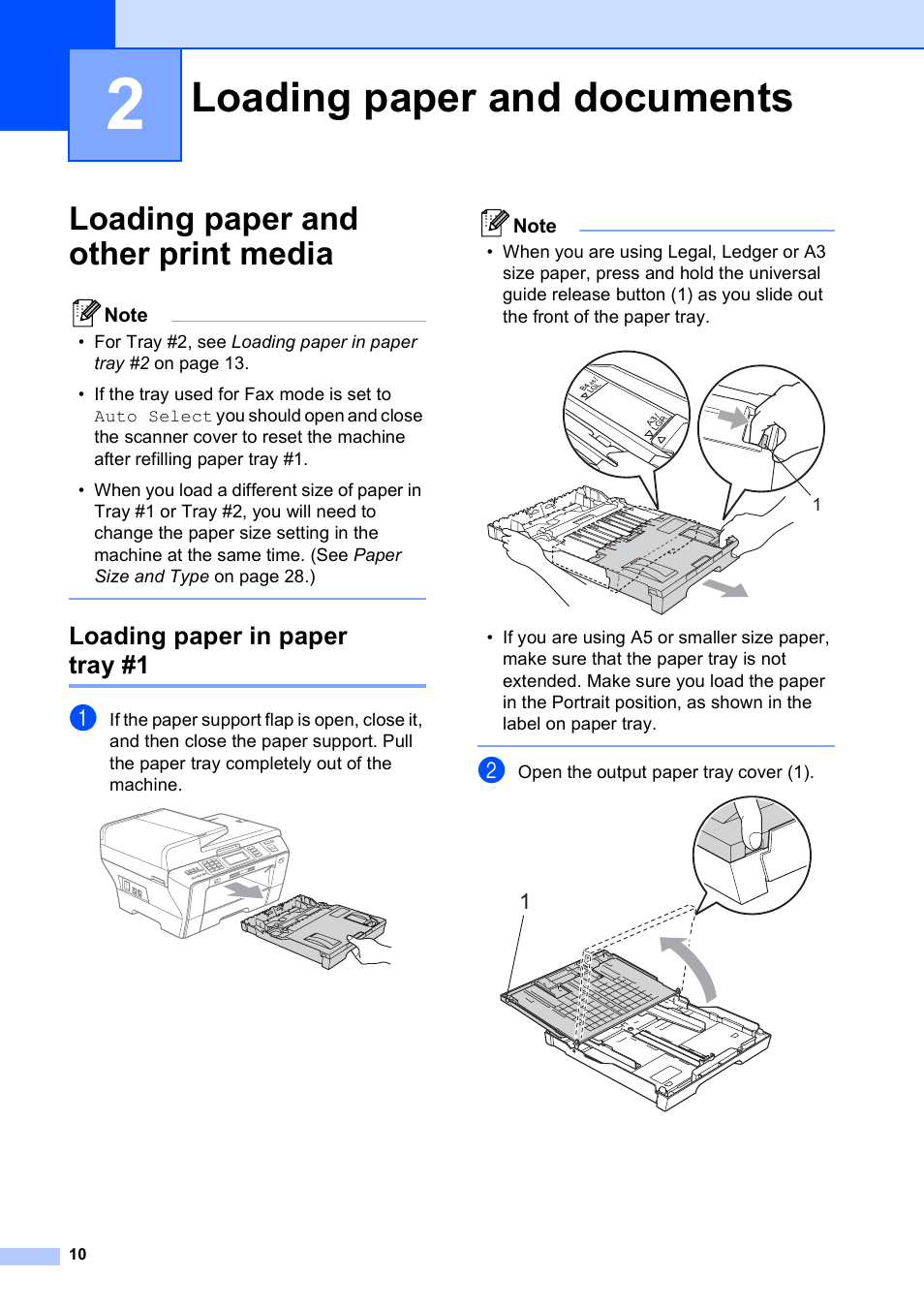 2 loading paper and documents, Loading paper and other print media, Loading paper in paper tray #1 | Loading paper and documents | Brother MFC 6890CDW User Manual | Page 26 / 248