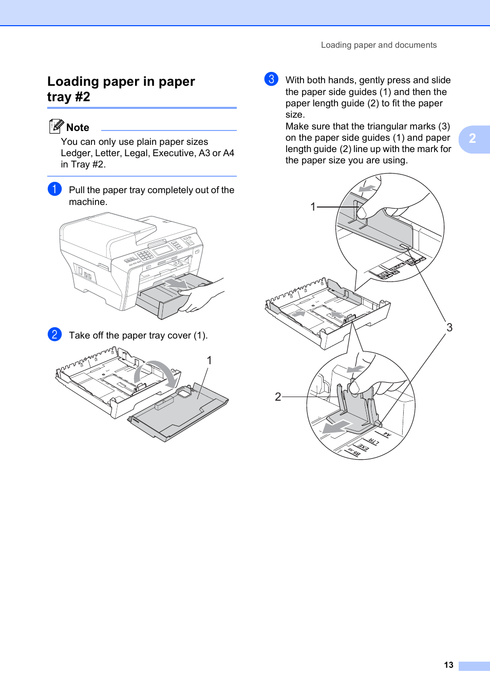 Loading paper in paper tray #2, 2loading paper in paper tray #2 | Brother MFC 6890CDW User Manual | Page 29 / 248