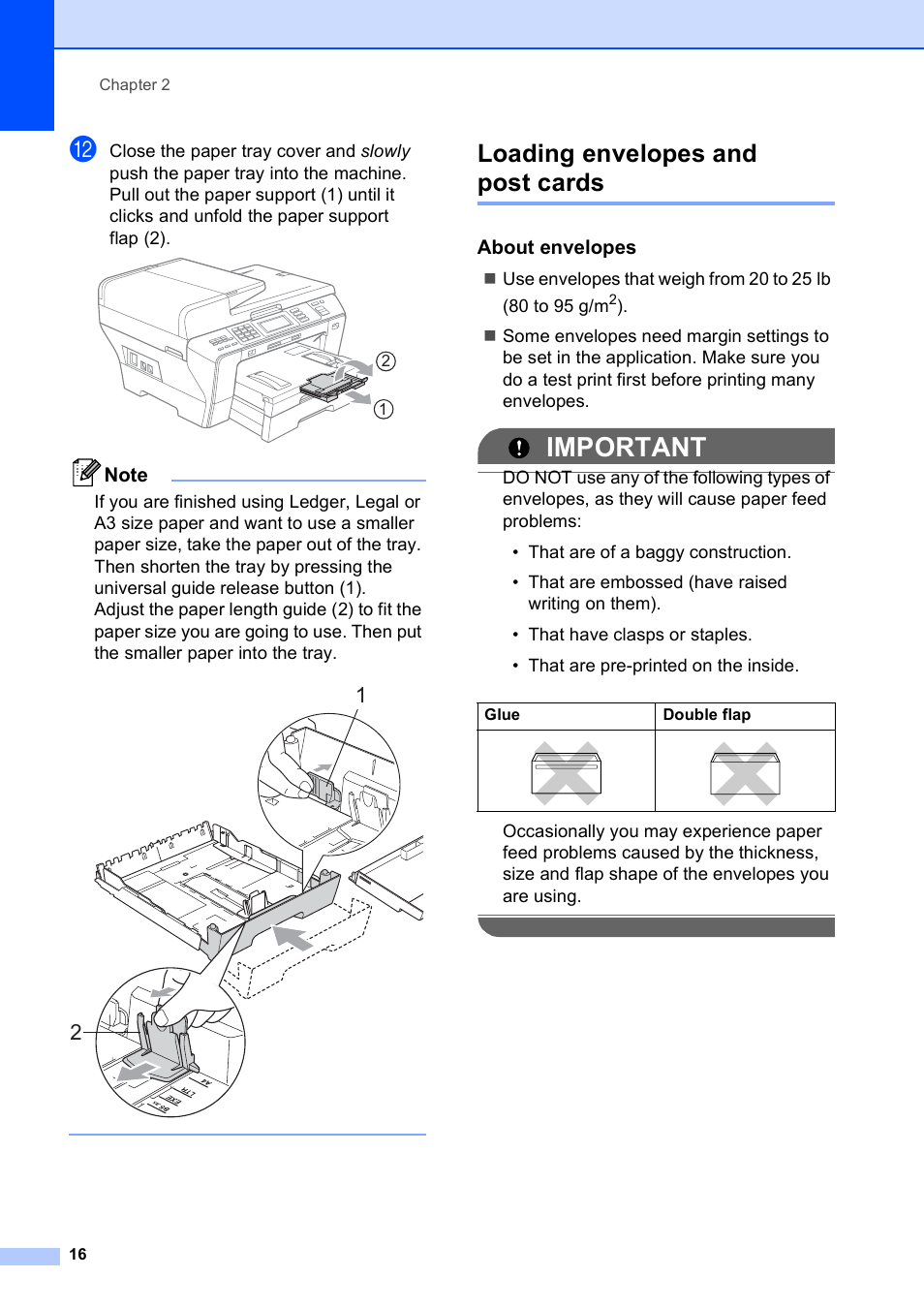 Loading envelopes and post cards, About envelopes, Important | Brother MFC 6890CDW User Manual | Page 32 / 248