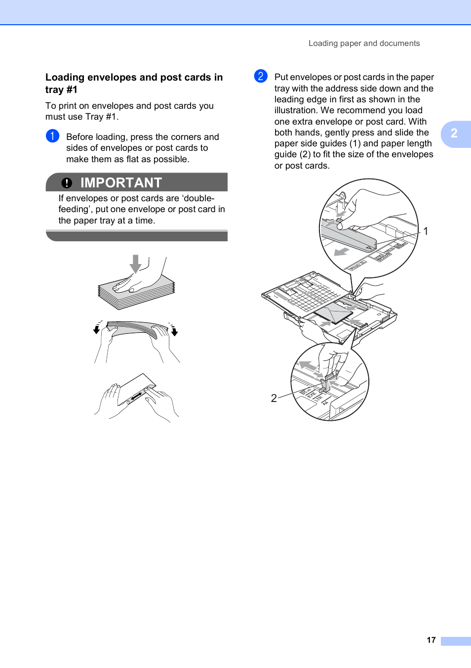 Loading envelopes and post cards in tray #1, Important | Brother MFC 6890CDW User Manual | Page 33 / 248