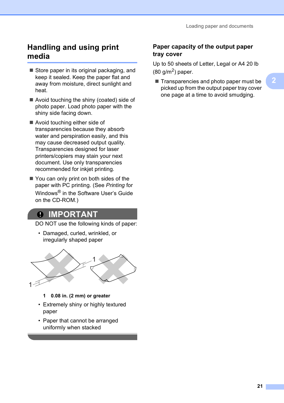 Handling and using print media, Paper capacity of the output paper tray cover, Important | 2handling and using print media | Brother MFC 6890CDW User Manual | Page 37 / 248