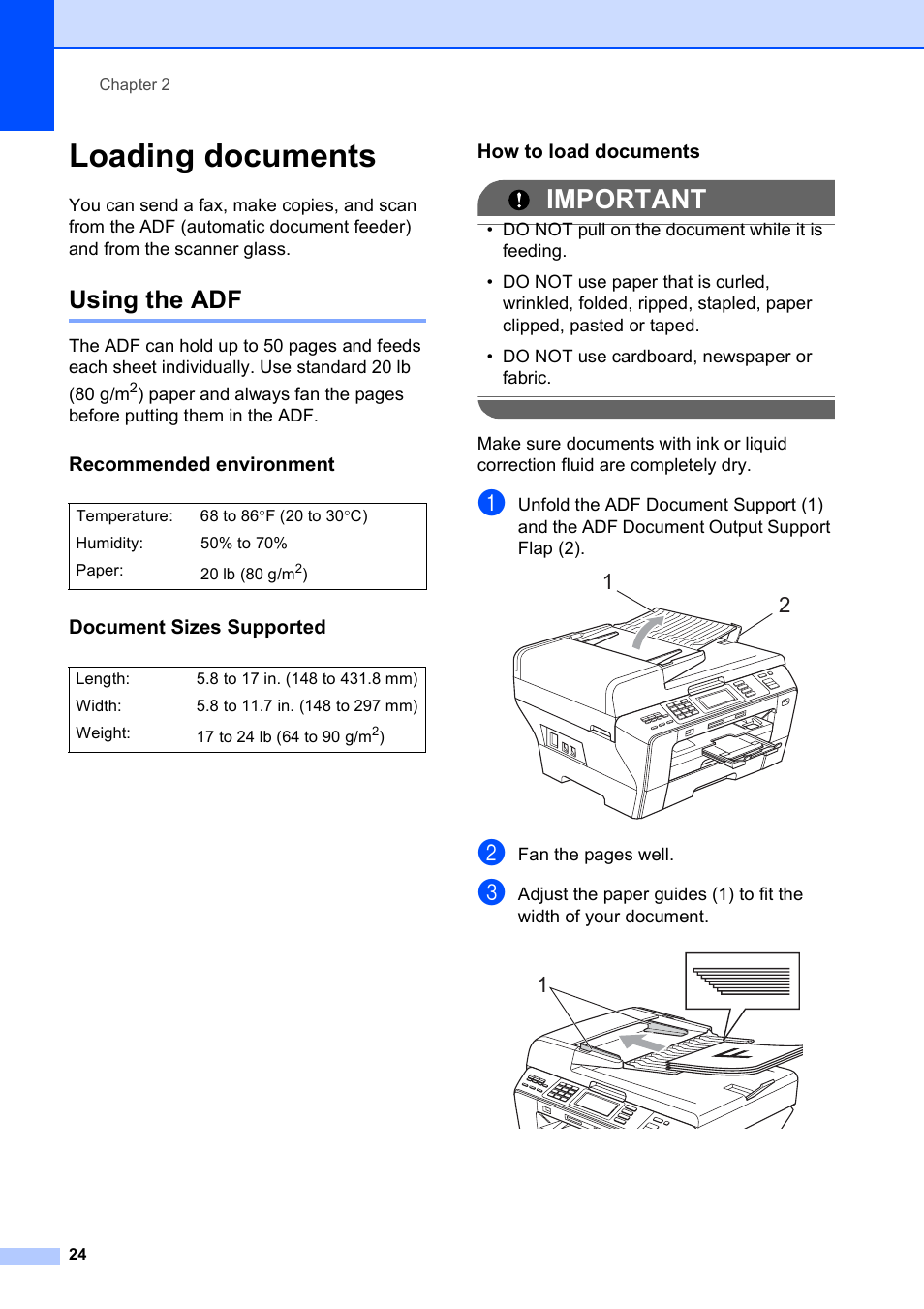 Loading documents, Using the adf, Recommended environment | Document sizes supported, How to load documents, Important | Brother MFC 6890CDW User Manual | Page 40 / 248