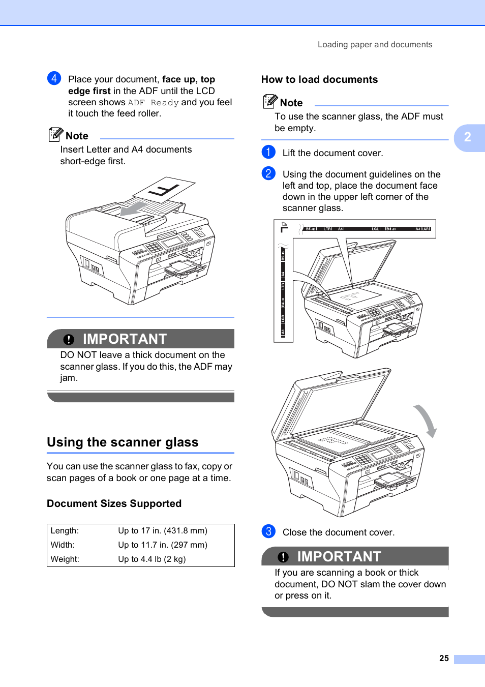 Using the scanner glass, Document sizes supported, How to load documents | Important | Brother MFC 6890CDW User Manual | Page 41 / 248