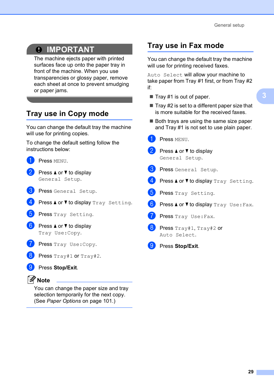 Tray use in copy mode, Tray use in fax mode, Tray use in copy mode tray use in fax mode | Important | Brother MFC 6890CDW User Manual | Page 45 / 248