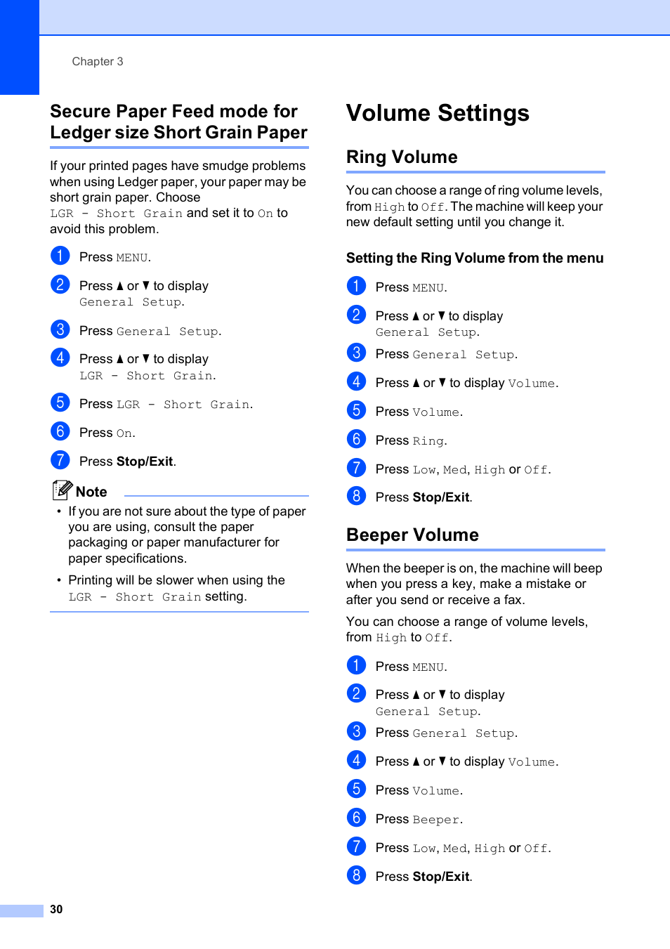 Volume settings, Ring volume, Setting the ring volume from the menu | Beeper volume, Ring volume beeper volume | Brother MFC 6890CDW User Manual | Page 46 / 248