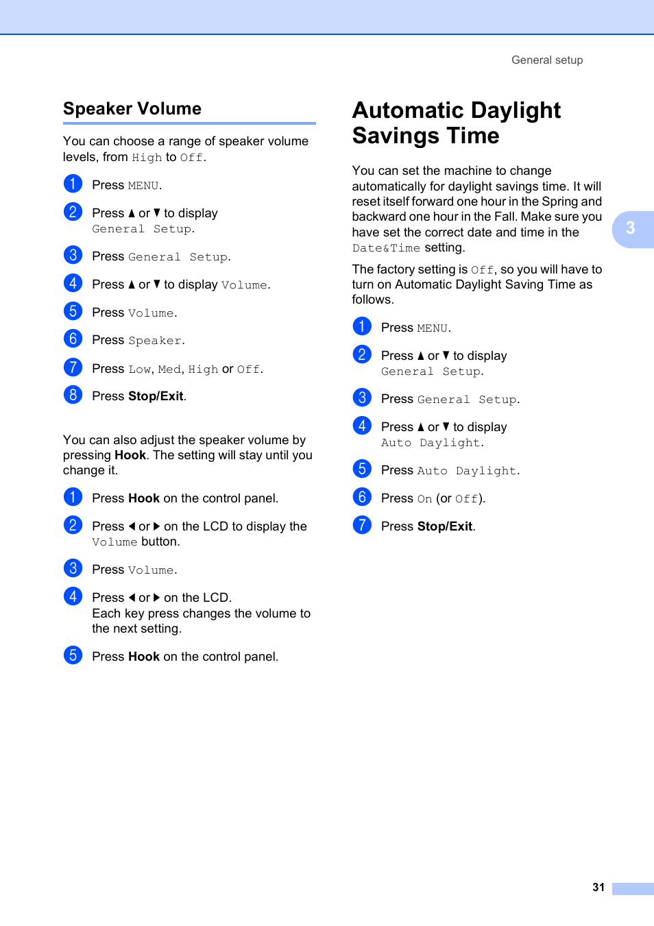 Speaker volume, Automatic daylight savings time | Brother MFC 6890CDW User Manual | Page 47 / 248