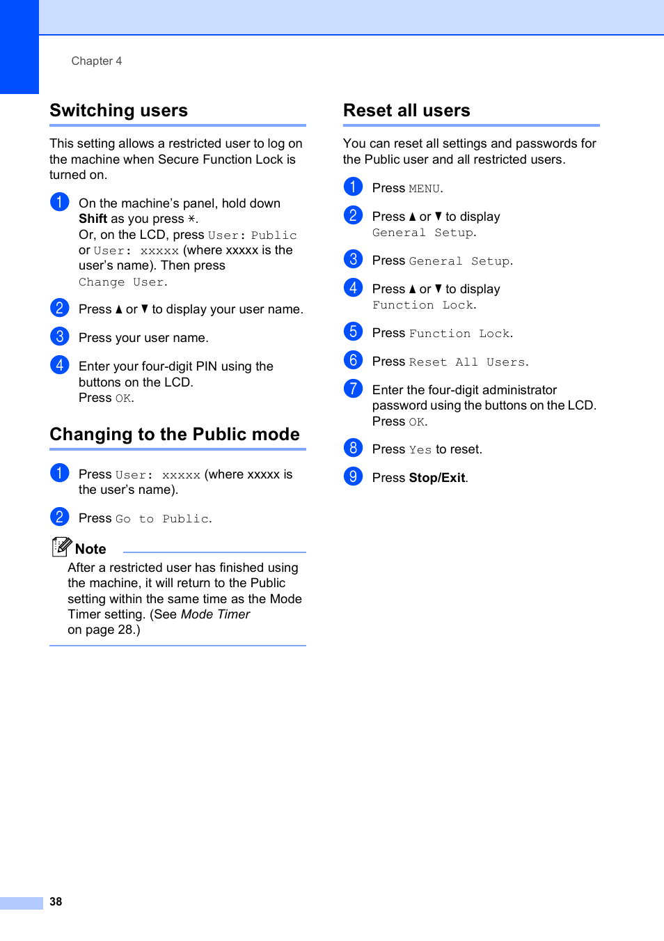 Switching users, Changing to the public mode, Reset all users | Brother MFC 6890CDW User Manual | Page 54 / 248