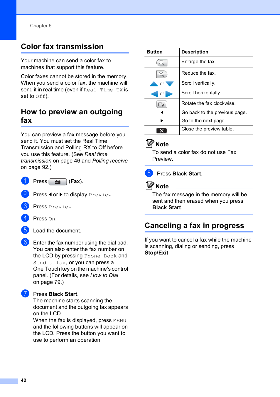 Color fax transmission, How to preview an outgoing fax, Canceling a fax in progress | Brother MFC 6890CDW User Manual | Page 58 / 248