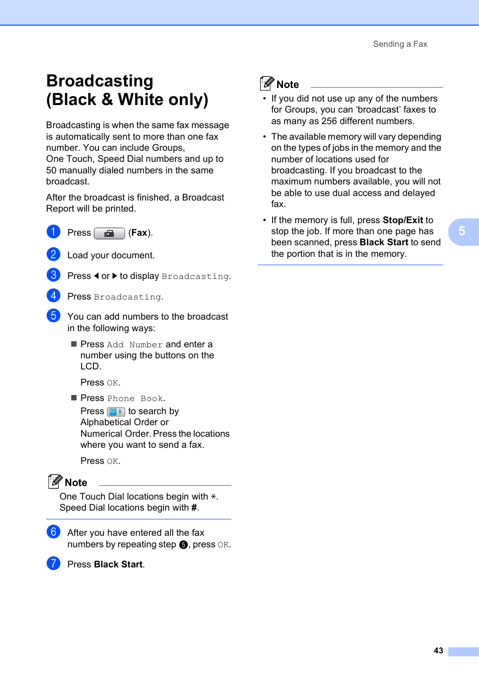 Broadcasting (black & white only) | Brother MFC 6890CDW User Manual | Page 59 / 248