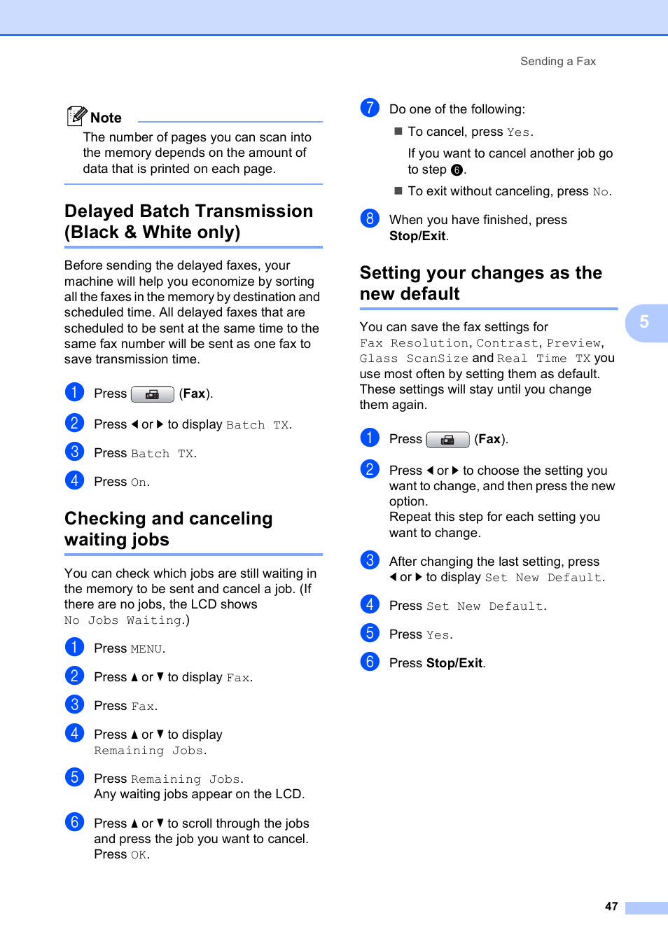 Delayed batch transmission (black & white only), Checking and canceling waiting jobs, Setting your changes as the new default | Brother MFC 6890CDW User Manual | Page 63 / 248