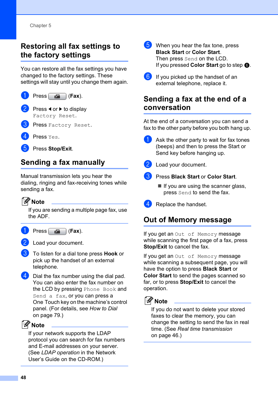 Restoring all fax settings to the factory settings, Sending a fax manually, Sending a fax at the end of a conversation | Out of memory message | Brother MFC 6890CDW User Manual | Page 64 / 248