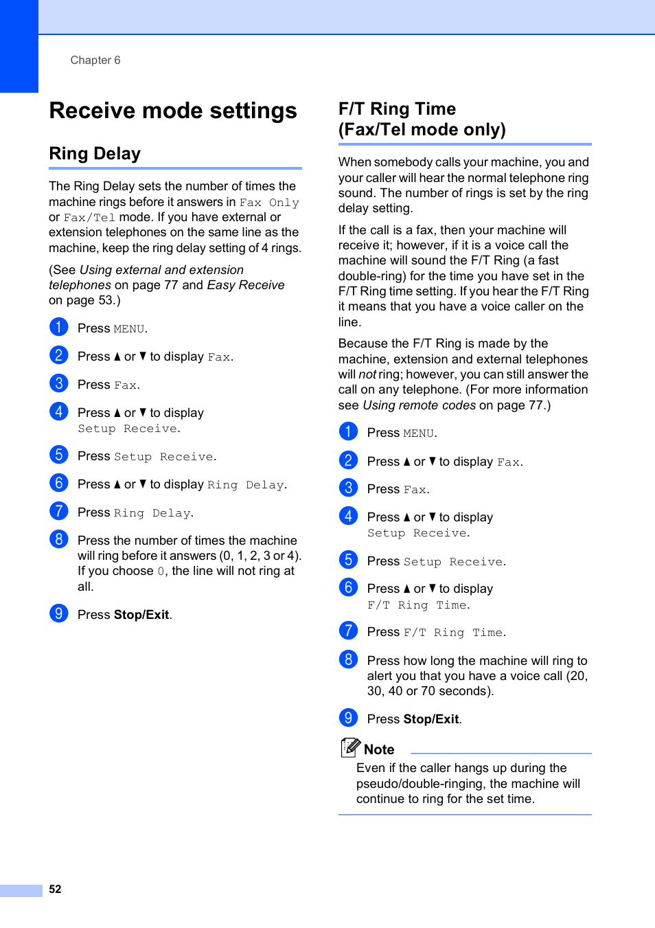 Receive mode settings, Ring delay, F/t ring time (fax/tel mode only) | Ring delay f/t ring time (fax/tel mode only) | Brother MFC 6890CDW User Manual | Page 68 / 248