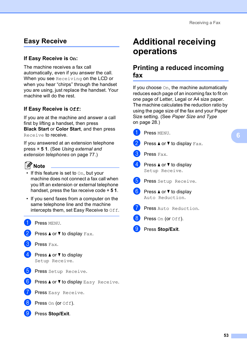 Easy receive, If easy receive is on, If easy receive is off | Additional receiving operations, Printing a reduced incoming fax, 6easy receive | Brother MFC 6890CDW User Manual | Page 69 / 248