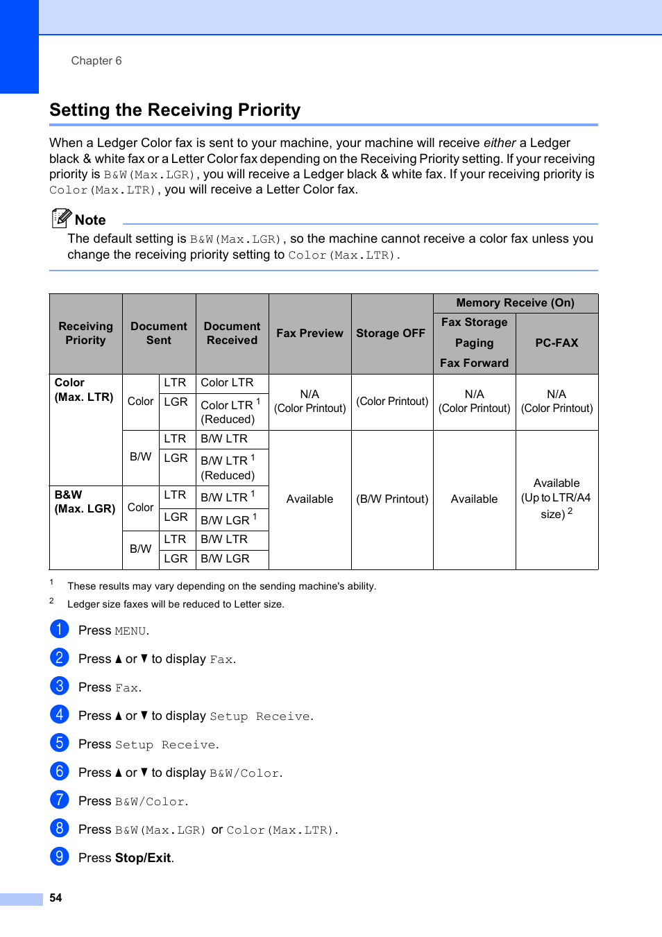 Setting the receiving priority | Brother MFC 6890CDW User Manual | Page 70 / 248