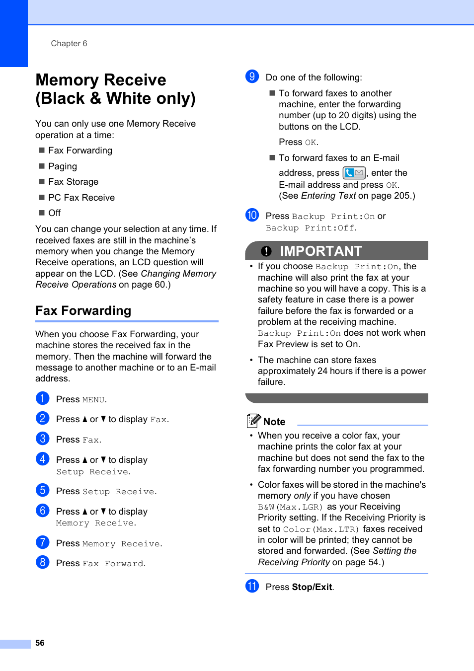 Memory receive (black & white only), Fax forwarding, Important | Brother MFC 6890CDW User Manual | Page 72 / 248