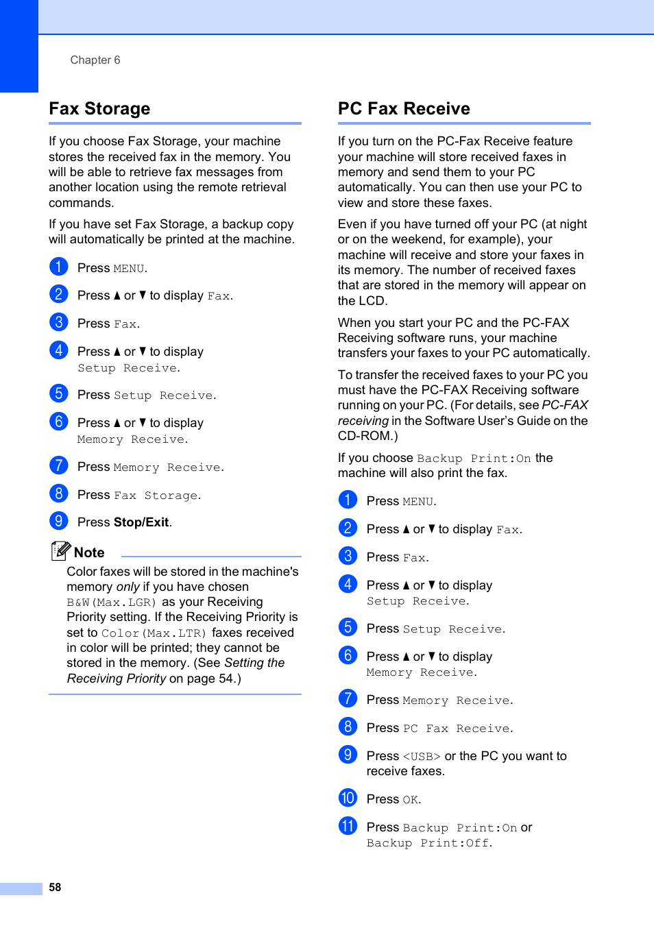 Fax storage, Pc fax receive, Fax storage pc fax receive | Brother MFC 6890CDW User Manual | Page 74 / 248