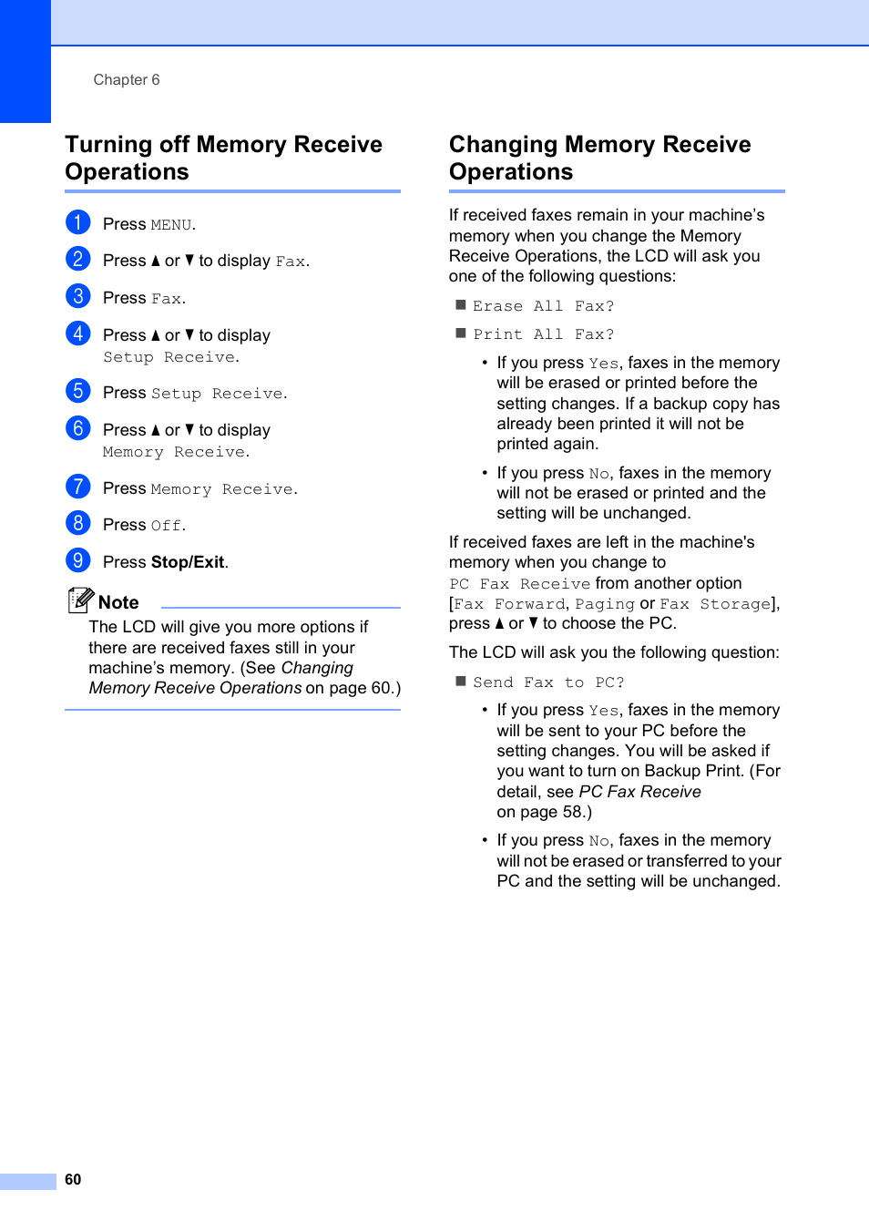 Turning off memory receive operations, Changing memory receive operations | Brother MFC 6890CDW User Manual | Page 76 / 248